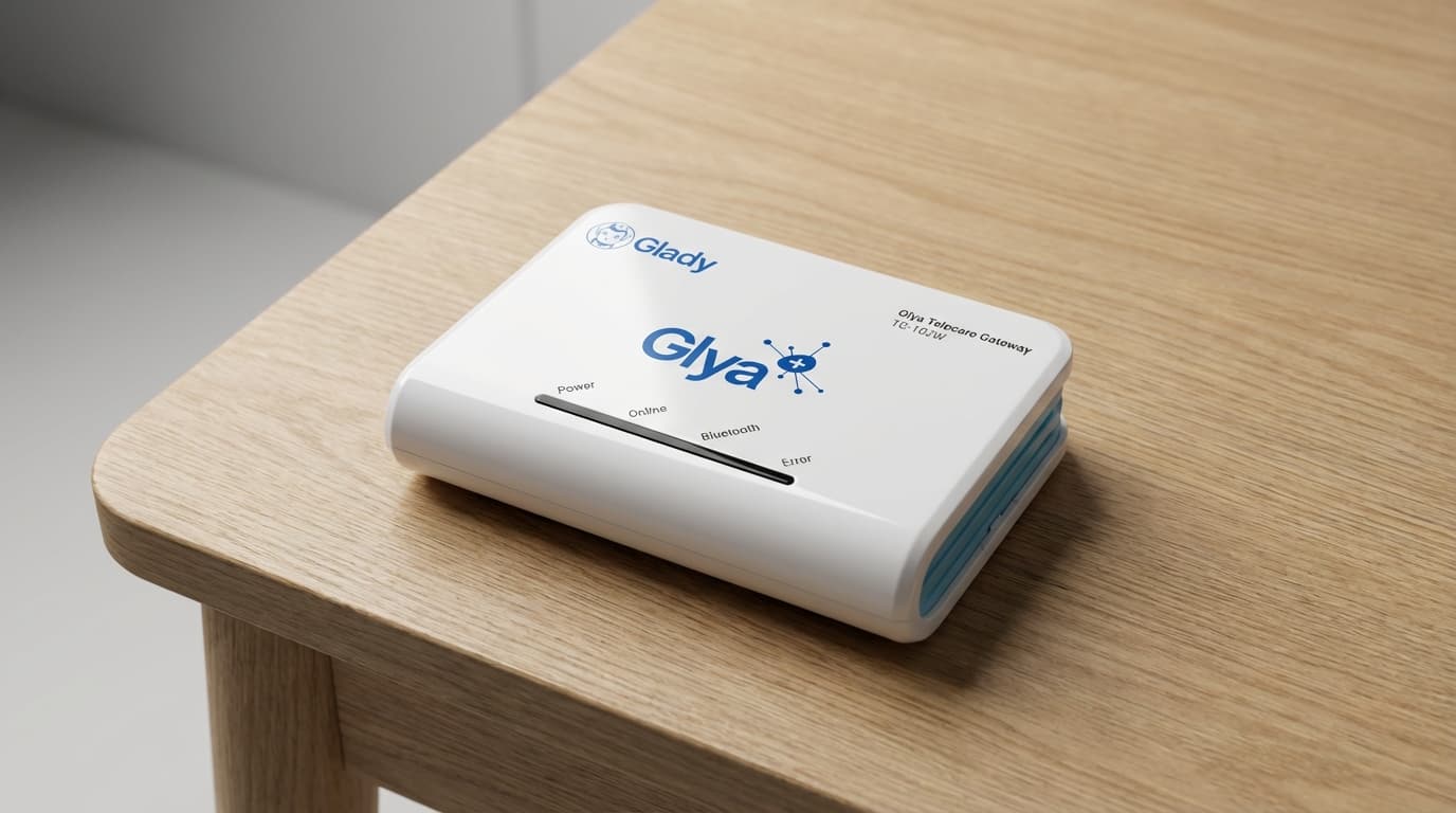 Modem Glya IoT en escritorio — dispositivo de monitoreo automático