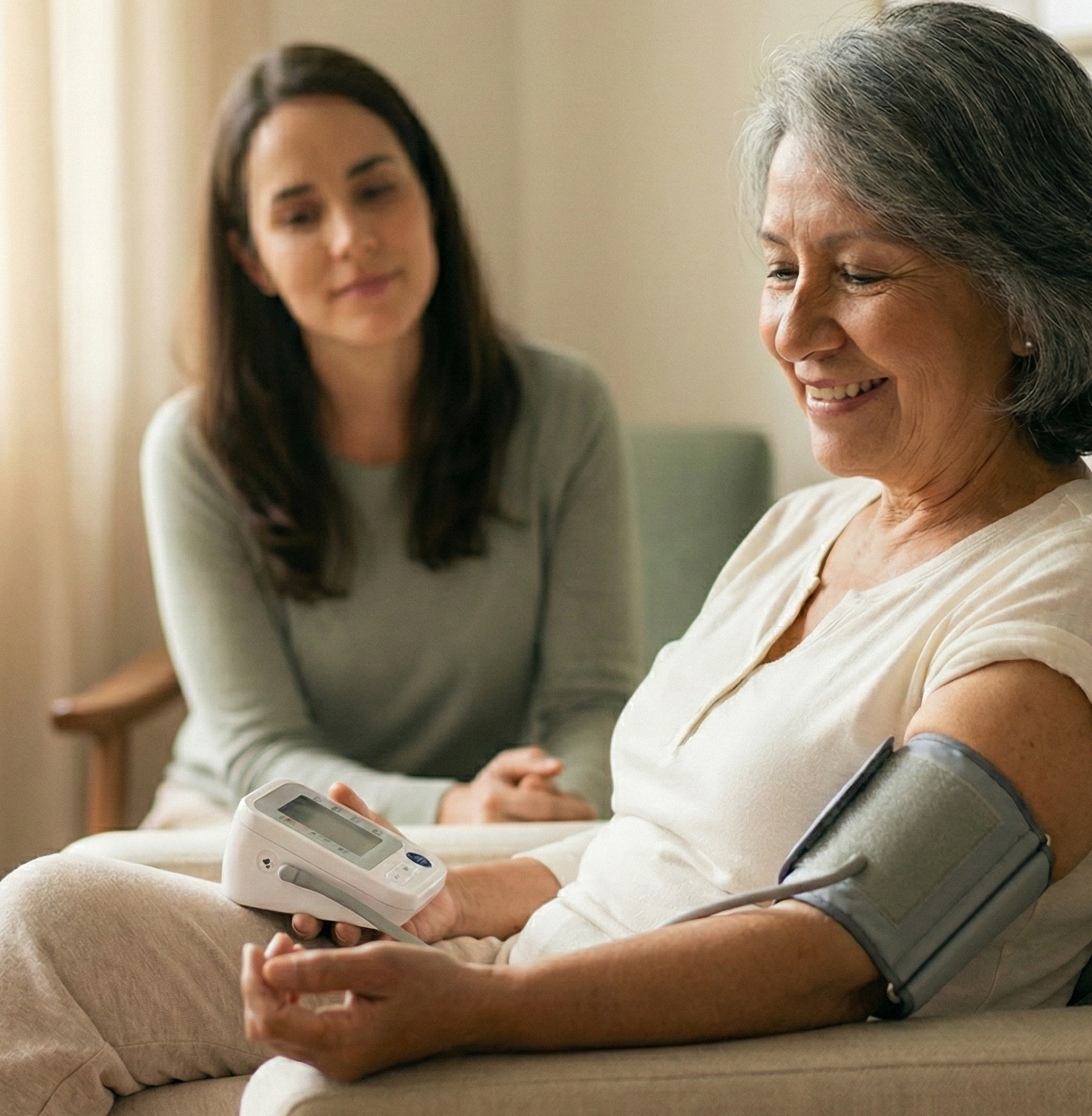 Señora adulta mayor tomándose la presión arterial con su hija supervisando